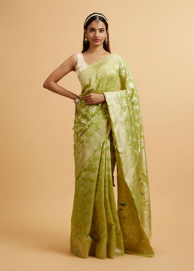 alt message - Mohey Women Light Green Floral Jaal Patterned Saree image number 0